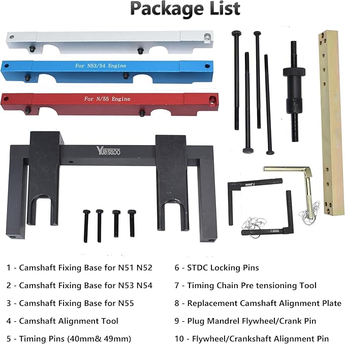 Master Engine Timing Vanos Camshaft Alignment Locking Tool Kit, Compatible with BMW 2.5 3.0 N51 N52 N53 N54 N55 S55 Engines, Including BMW 3 Series 328i, Crankshaft Flywheel Alignment Tool