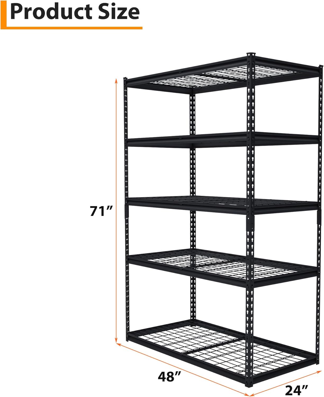400LBS Storage Shelves，71" H x 48'' W x 24" D Storage Shelves, 5-Tier Industrial Heavy Duty Storage Shelves, Steel Shelving with Adjustable Rack, Black