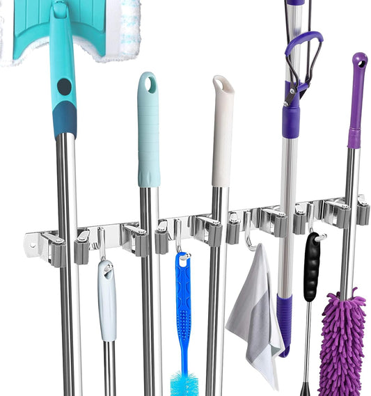 Broom Holder Wall Mount, Broom Organizer Wall Mount Stainless Steel Broom and Mop Hanger Heavy Duty Storage Organization for Home Kitchen Garden Garage Room 5 Racks 4 Hooks (1Pack)(Black Racks)