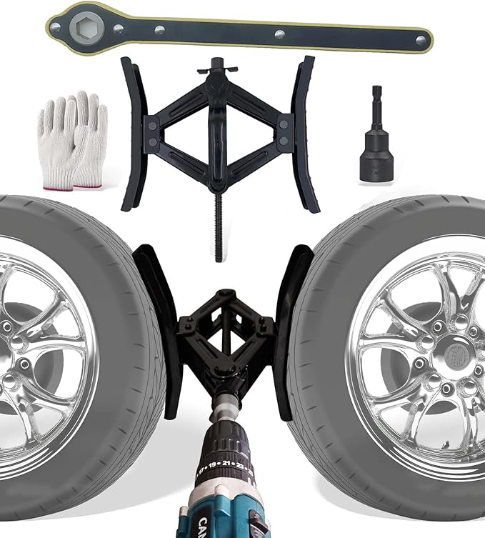 RV Rotatable Wheel Chock Stabilizers (Drill Adjusted), Camper Heavy Duty Tire Chock Stabilizers, Travel Trailers Wheel Chock Scissor 2 Sets with Ratchet,hex Socket,Gloves (Black-Turn)
