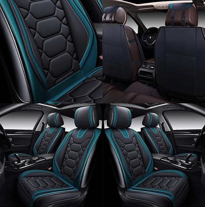OASIS AUTO Car Seat Covers Front Seats, Waterproof Faux Leather Seat Covers for Cars Universal Fit for SUV, Truck, Sedan, Black Premium Car Seat Protector with Cushions (OS-004 Black&Teal)