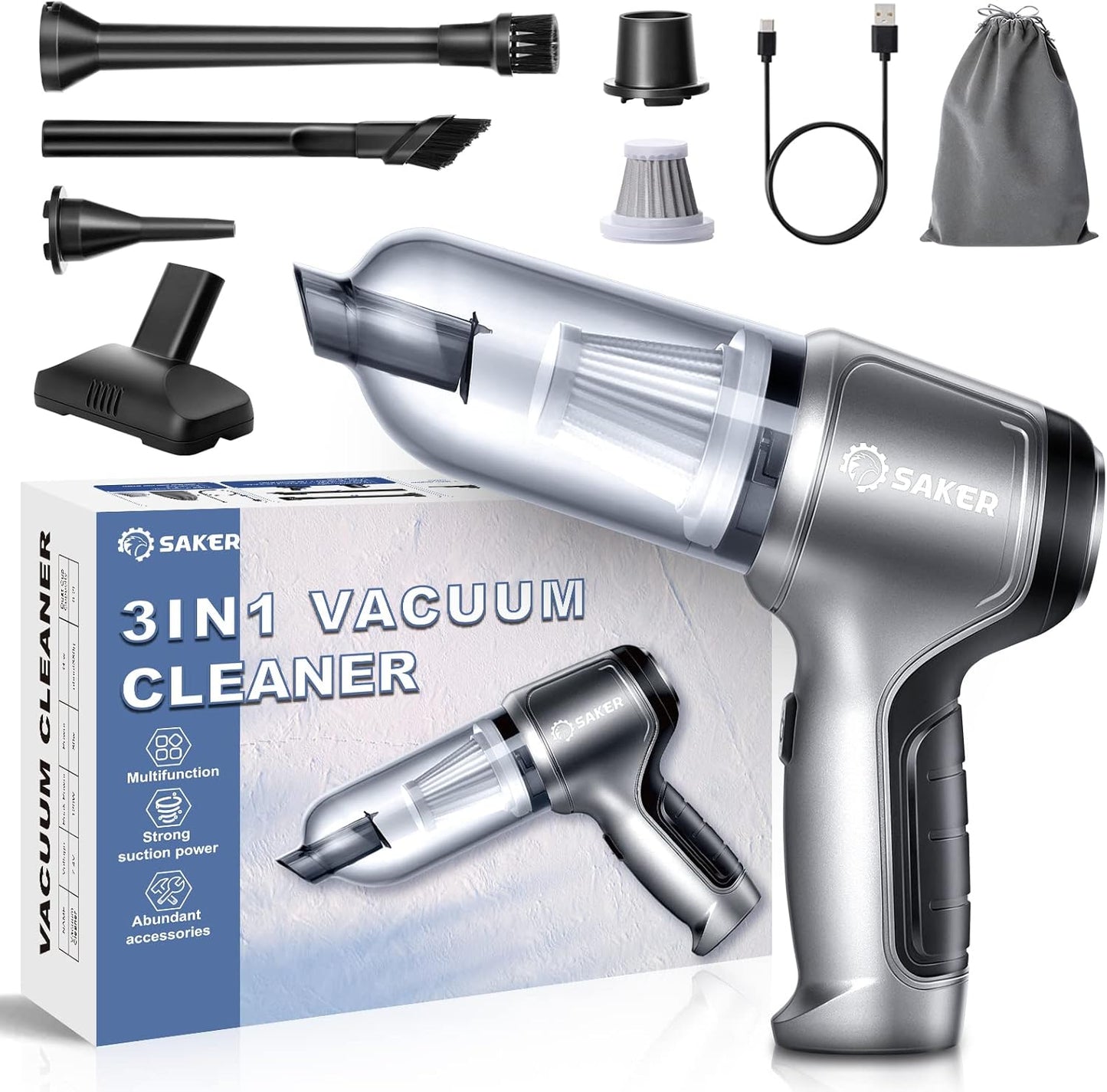 Saker Handheld Vacuum Cleaner Car - Wireless Mini Vacuum Cleaner 3 in 1 Multifunctional Brushless Motor 12000PA with USB-C,Portable Handheld Car Vacuum Cleaner for Keyboard Cleaning, Outdoor and Home