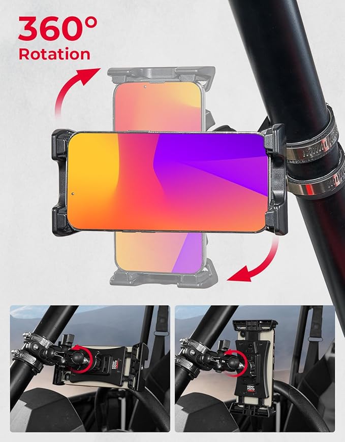 KEMIMOTO UTV Phone Mount ATV Holder, Fit 4.7"-13" Phone & Tablet, 360° Adjustable Heavy Duty, Compatible with Can-Am Maverick X3 Outlander Polaris RZR Sportsman Kawasaki Talon Viking