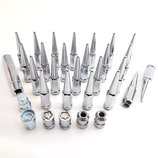 M14 x 2mm Wheel Locks Set, Fit for F-150 Heritage, F-350, Excursion, Mark LT, Wheel Locks, 4 Locking Lug Nuts 2 Pcs Key with 24Pcs Spike Lug Nuts+1 Key, Chrome