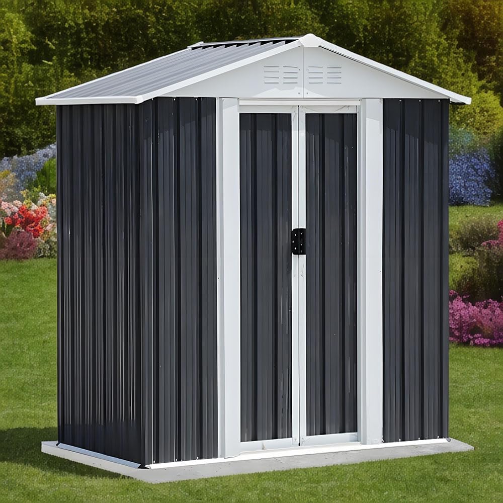 Outdoor Sheds 5FT x 3FT Outdoor Storage, Metal Anti-Corrosion Utility Tool House with Lockable Door & Shutter Vents，Outdoor Waterproof Garden Tool Metal Storage Sheds （Grey）