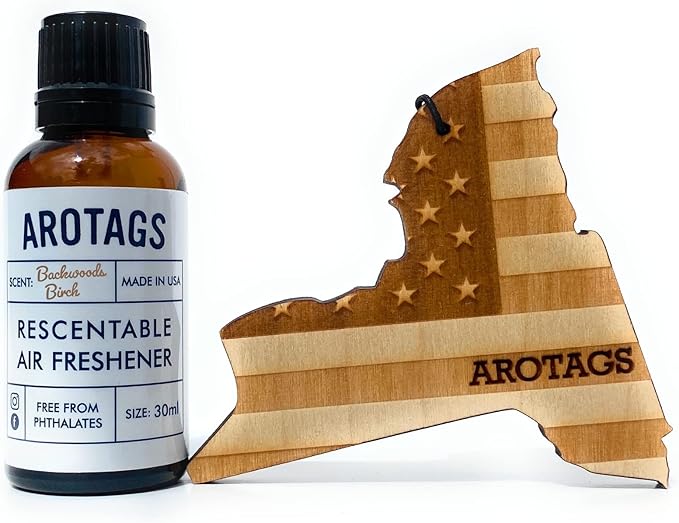 Arotags Car Air Freshener - Reusable Wood Diffuser - Hanging Odor Eliminator - New York Patriot - Balsam & Cedar Scent