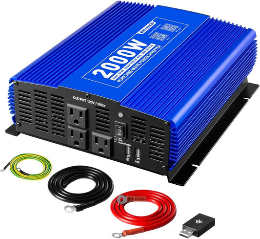 2000W Pure Sine Wave Inverter 12V DC to 110V AC Power Inverter for Home/Truck/RV/Camping/Boat/Off Grid Solar System Car Inverter with 3AC Outlets, 1 USB Port and APP Remote Control