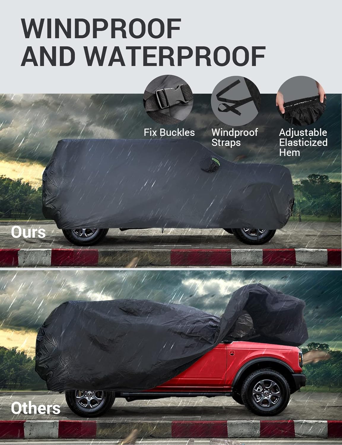Proadsy Upgrade Car Cover Compatible with Ford Bronco 2 Door 2021-2024 2025 Windproof All Weather Waterproof Sun Rain UV Dust Snow Protection Outdoor Covers