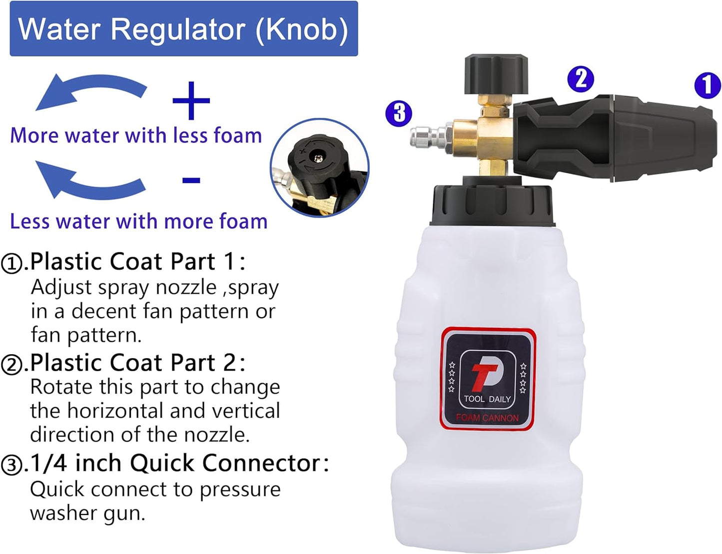 Tool Daily Foam Cannon, 1/4 Inch Quick Connect, Power Washer Foam Cannon with 5 Pressure Washer Nozzles,1 Liter