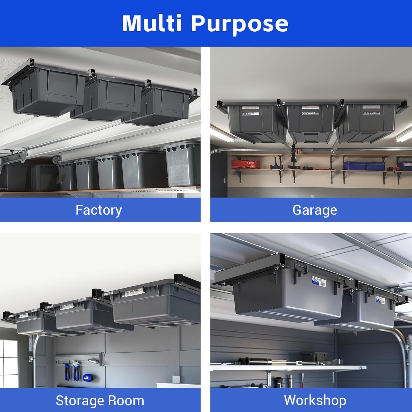 6 Pack Overhead Storage Bin Rack, Ceiling Racks for Utility Bins Organization, Heavy Duty Rack Ceiling Garage Storage for Supports Most Bins Container (for 5 Bins, Bins are not included)