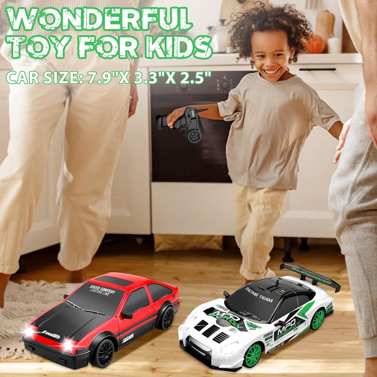 RC Drift Car 2.4GHz 1:24 Scale 4WD Remote Control Car 15KM/H High Speed Drifting RC Cars with Cool Lights, Two Batteries and Extra Tires Toys for Kids Boys Girls Adults, Green