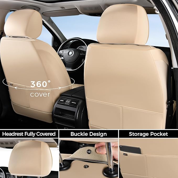 Huidasource Car Seat Covers Full Set, Breathable Leather Seat Cover for Most Car SUV Pickup Truck, Universal Fit for Mazda for Honda for Mini for BMW for Buick for Subaru for Ford(Full Set/Beige)