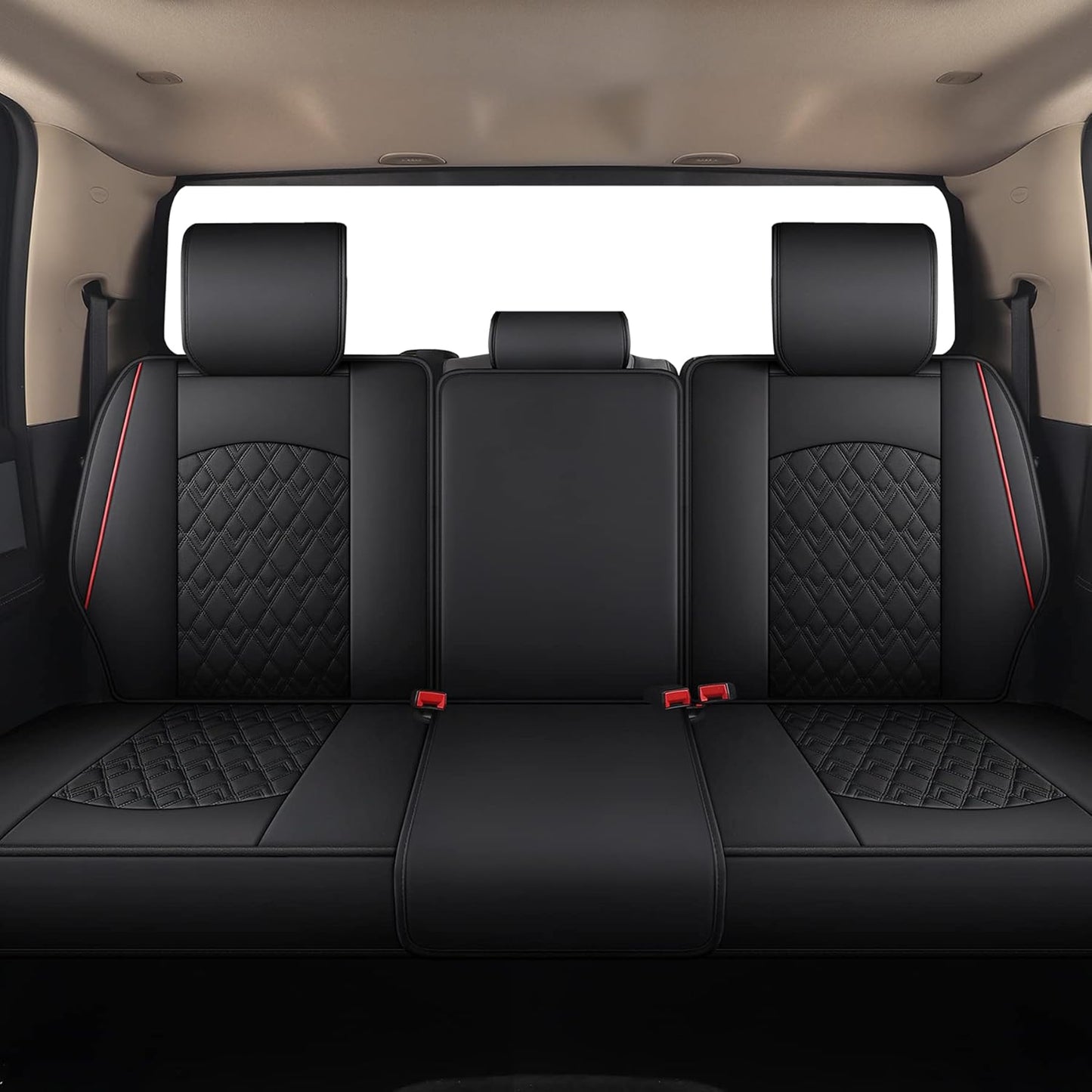 JOJOBAY Car Seat Covers for Dodge Ram,Fit 2009-2025 1500/2500/3500 HD Pick-up Truck,Crew,Regular,Quad,Mega Cab,Waterproof Synthetic Leather Seat Covers (Rear Seat Cover,BlackRed)