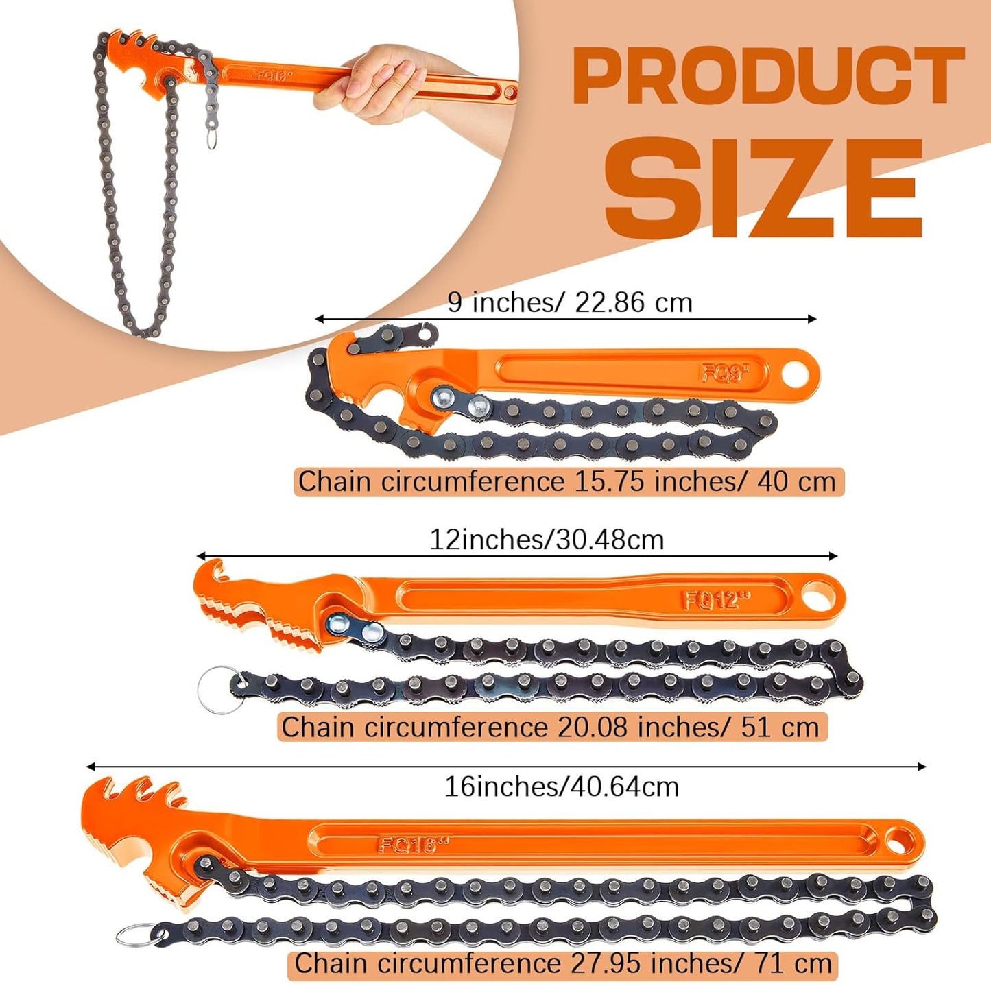 Lasnten 3 Pcs Large Reversible Chain Oil Filter Wrench with 12 16 9 Inch Chain Wrench Adjustable Heavy Duty Carbon Steel Sturdy Pipe Fitting Tool Spanner for Ratcheting Universal(Orange)