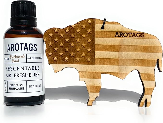 Arotags Car Air Freshener - Reusable Wood Diffuser - Hanging Odor Eliminator - Wyoming Patriot - Backwoods Birch Scent