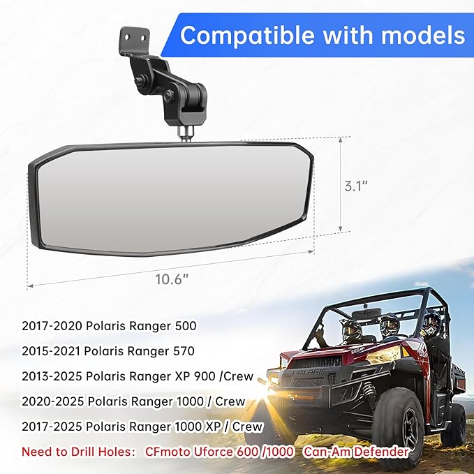 UTV Rear View Mirror, Polaris Ranger Rear View Mirror Compatible with Polaris Ranger 500 570 900 XP 1000XP / Crew，Adjustable up/down/forward/backward Position at Will,HD, OEM #2879969