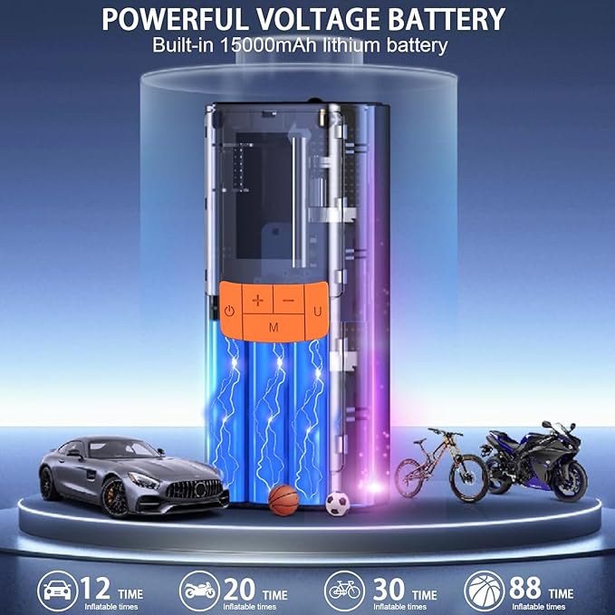 Tire Inflator Portable Air Compressor, 15000mAh and 150PSI Car Tire Pump with Pressure Display for Cars, Motorcycles, Bicycles, Ball Bikes with Pressure Gauge, Dual-Use Type