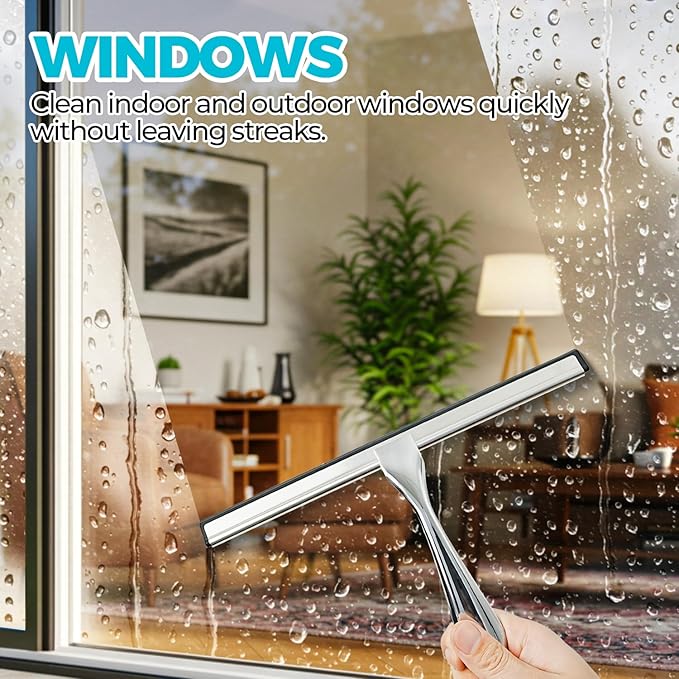 2PACK 12-Inch All-Purpose Shower Squeegee for Shower Doors, Tile Shower Walls, Bathroom, Window, Glass and Car Windshield, Mirrors and Kitchen-Stainless Steel, Silver