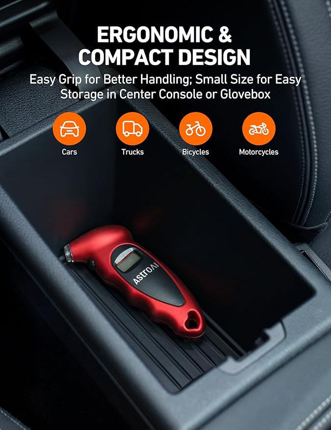 AstroAI Digital Tire Pressure Gauge 0-150PSI, Accurate in 0.1 Increments, Backlit LCD and Presta Valve Adaptor Included, 4 Units of Measurement for Car Truck Bicycle, Red