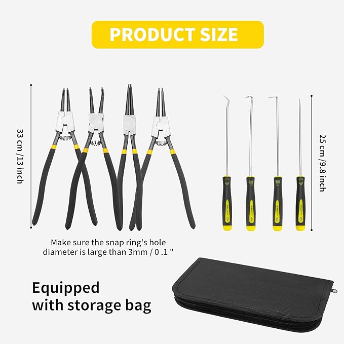 8 Pcs Extra Long Snap Ring Pliers with Hook Set, 13 inch Circlip Pliers Heavy Duty, Internal External C Clip Tool Straight Bent Jaws Retaining Ring Remover