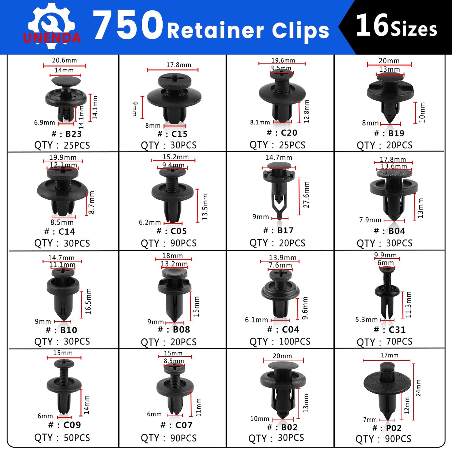 Car Push Retainer Clips 750pcs with 16 Popular Push Pins for Auto Parts - Sizes - Blue Fastener Remover Tool for Toyota, GM, Ford, Honda, Acura, Chrysler