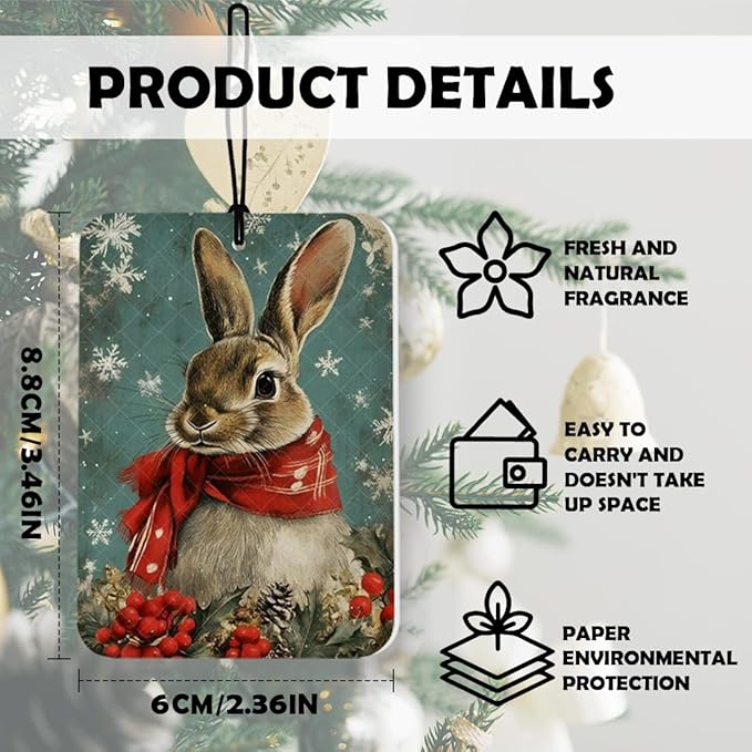 Winter Christmas Bunny Car Air Freshener 3 Pcs, Rustic Winter Holly Berries Rabbit Christmas Air Freshener Hanging Decor for Cars Closet Drawer Books Accessories Gifts