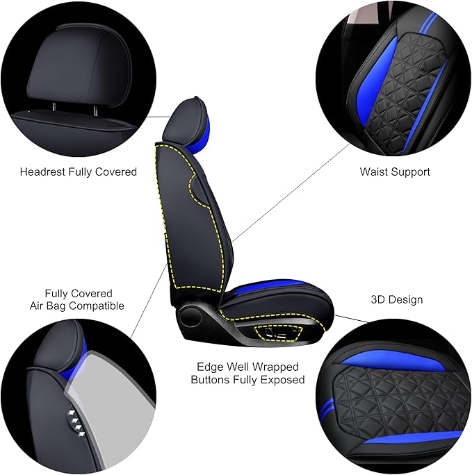 OASIS AUTO Car Seat Covers Full Set Premium Waterproof Faux Leather Cushion Universal Accessories Fit SUV Truck Sedan Automotive Vehicle Auto Interior Protector (OS010-Black&Blue)