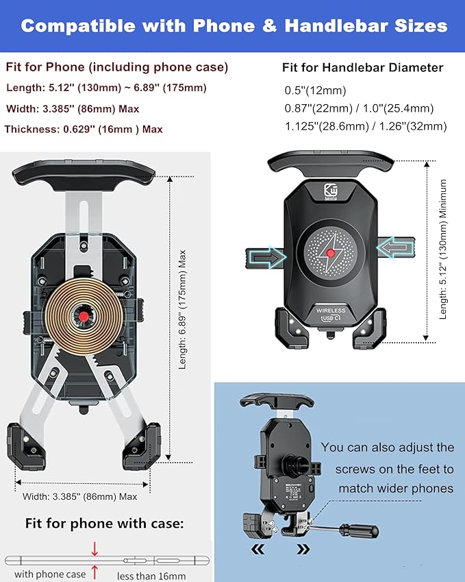 BRCOVAN Motorcycle Phone Mount Holder with Qi 15W Wireless Charger & PD/USB-C 20W Fast Charging Port, [1s Lock] Cellphone Cradle with Aluminum Alloy Handlebar Mounting Base for 4-7'' Smartphone