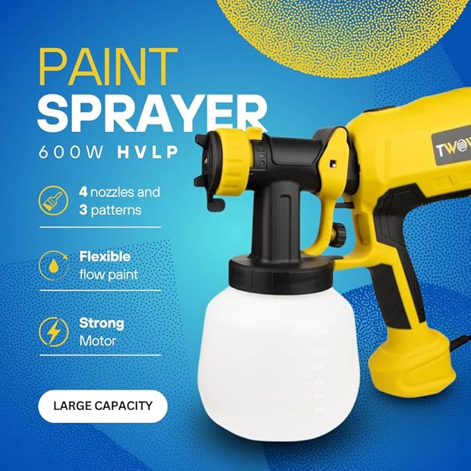 TWOWS, Paint Sprayer, 600W, HVLP Paint Gun, with 1200Ml Container, Cleaning & Viscosity Cup,4 Copper Nozzles and 3 Patterns, for House, Walls, Furniture, Carbinets, Fence, Door etc, Easy to Clean.