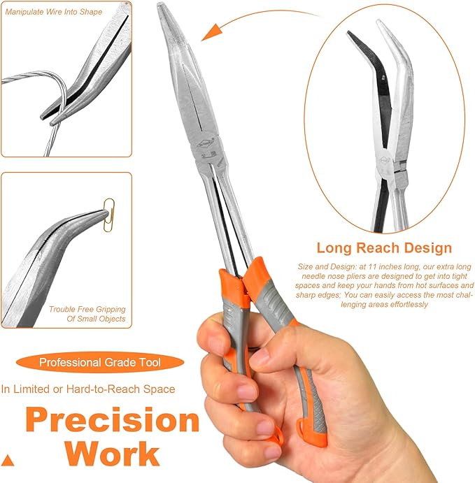 11 Inch Long Needle Nose Pliers - 1 Piece Set of Long Handle Pliers - 45° Curved Steel Designed for Machinists, Technicians and Contractors