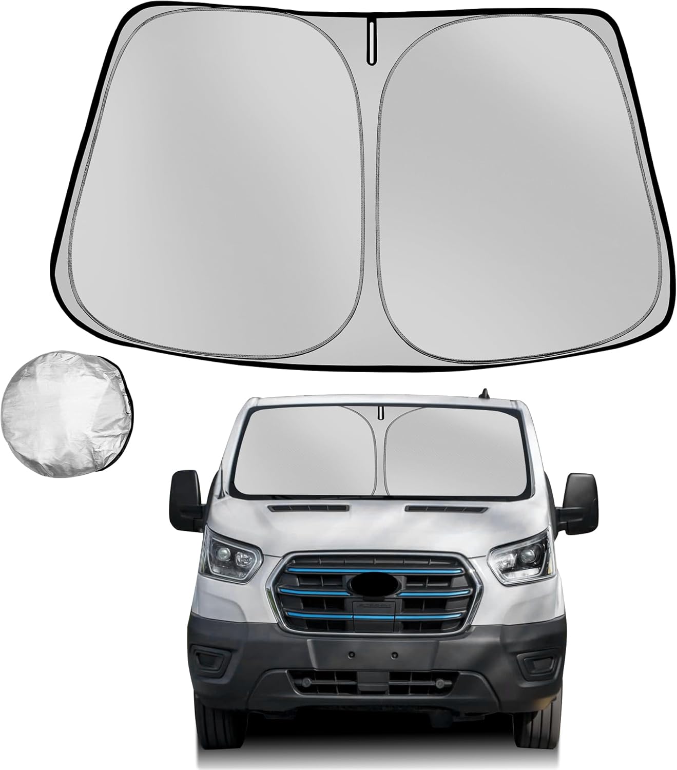 Windshield Sun Shade for 2022-2025 Ford E-Transit Foldable Sun Sunshade for Car Front Window Blocks UV Rays and Heat Automotive Interior Protector Custom Fit Accessories