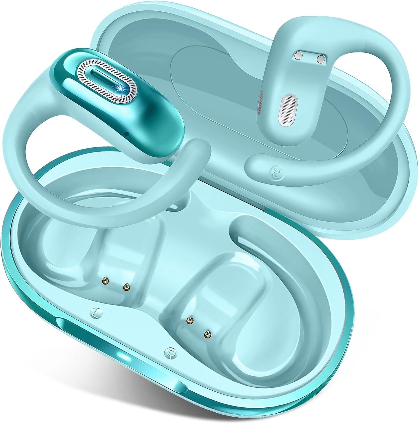 Open Ear Headphones, Bluetooth 5.4 Earbuds, 50H, Air Conduction Ear buds, HD Stereo Bass Over Ear Earphones with Earhooks, Ultra-Comfort Secure Fit, IPX7 Waterproof Headset for Working Sports, Blue