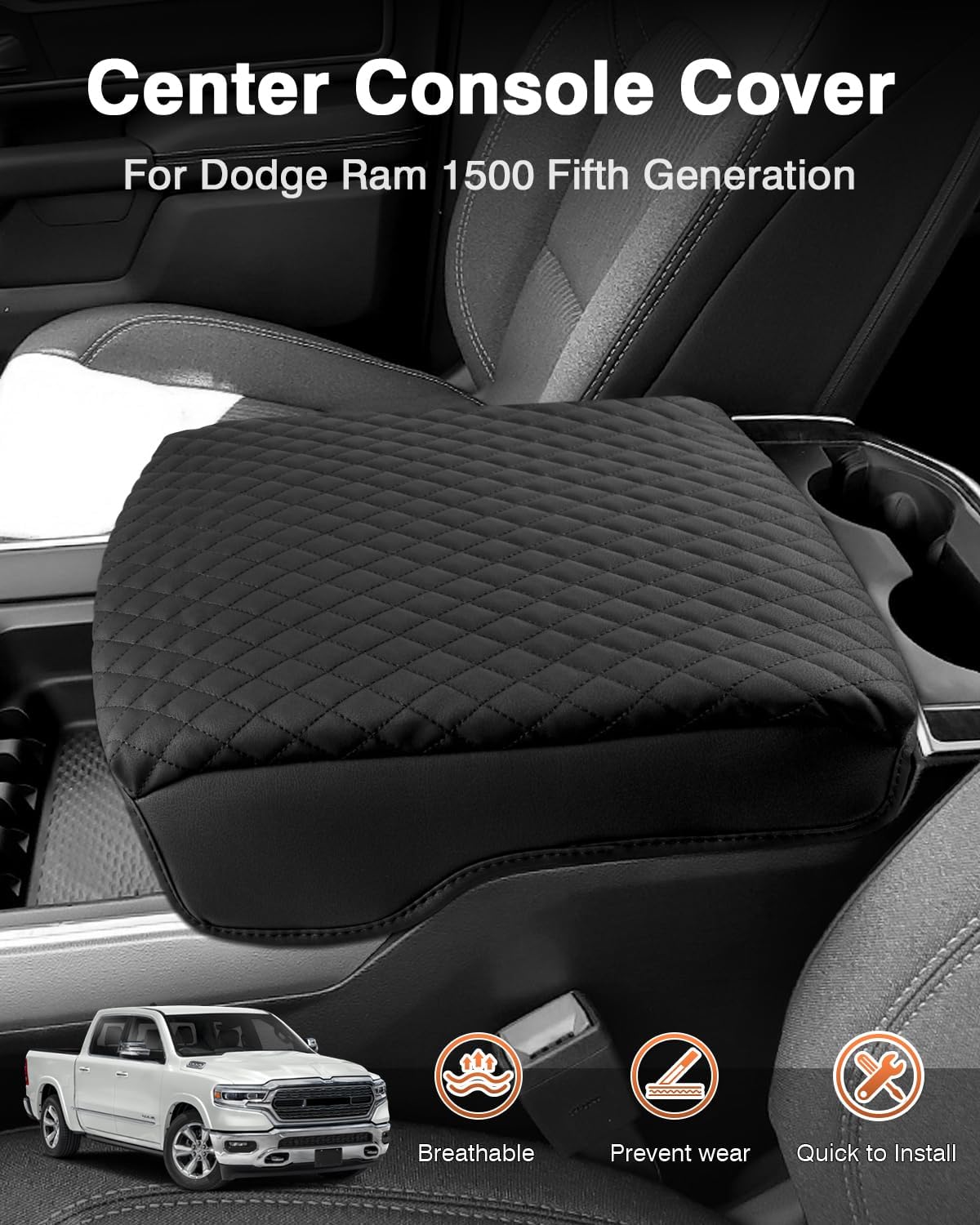 Shademax Custom for Dodge Ram 1500 Center Console Cover, Armrest Cushion Pad Cover for Dodge Ram 1500 2500 3500 Accessories 2019-2025 2026 Leather Dodge Ram Console Bucket Seat Protector Anti-Scratch