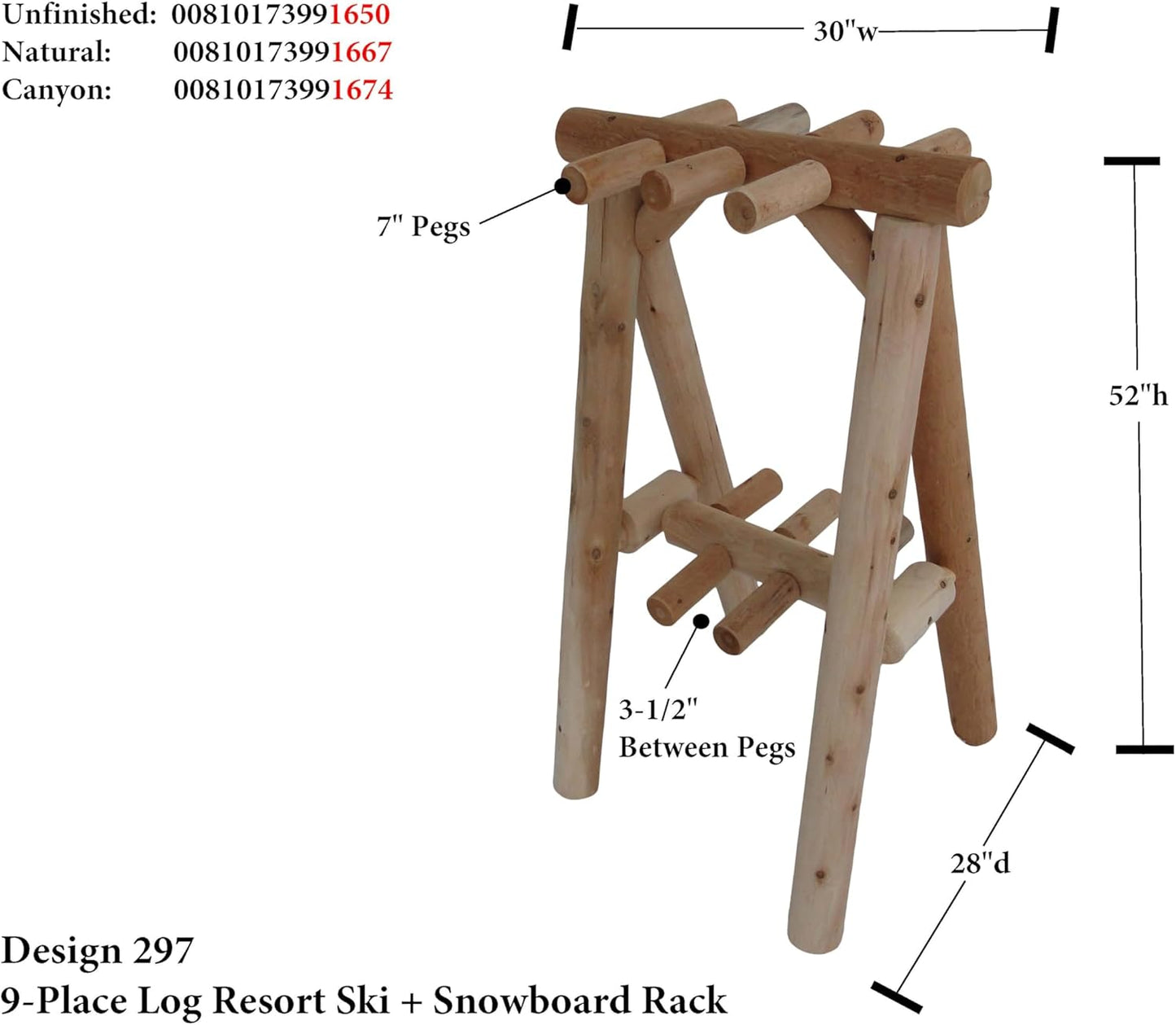 9-Place Freestanding Log Ski Rack Holder, Indoor & Outdoor Snowboard Racks, Standing Storage, Garage Racks for Snow Skis & Poles, Durable Snowboard Rack Garage Storage Organizer - Natural