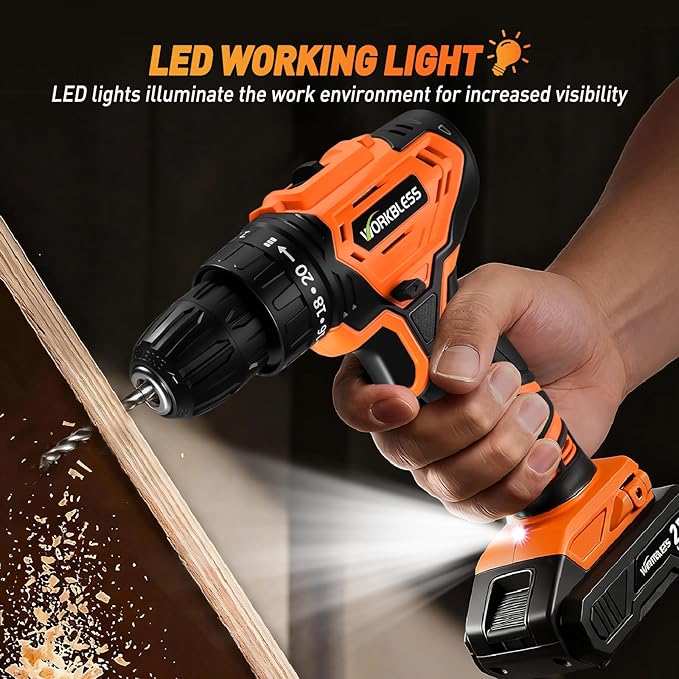 WORKBLESS Cordless Drill, Power Drill Set with 1 Battery and Charger, 40Nm, 20+1 Torque, 2 Speed, Keyless 3/8" Electric Screwdriver with LED Light, 28pcs Drill Bits Set(Orange)