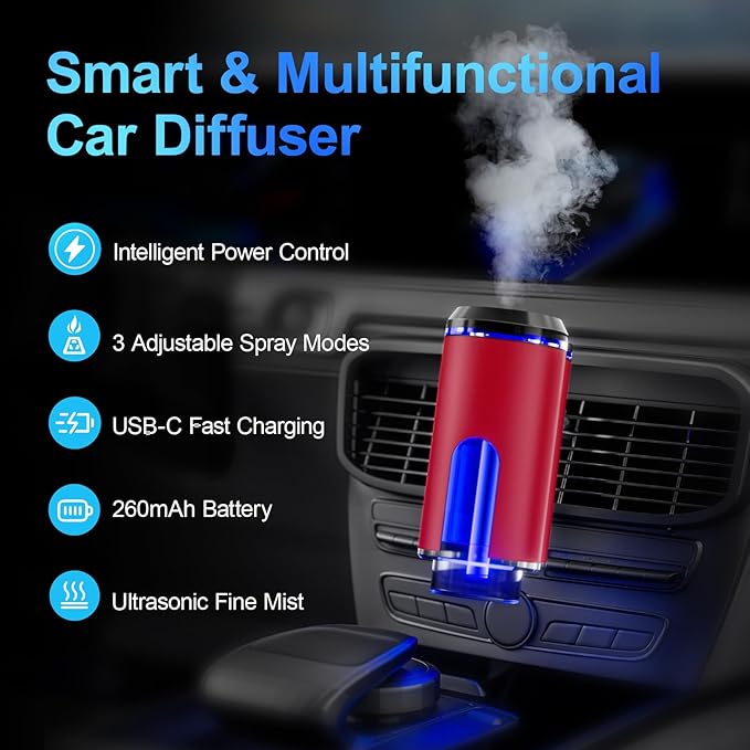 Smart Car Air Freshener Diffuser – Auto On/Off Aromatherapy Diffuser with 3 Scent Modes, USB Rechargeable, Vent Clip, 6 Essential Oil Refills Included – Long-Lasting Fragrance, Car Decor & Gift