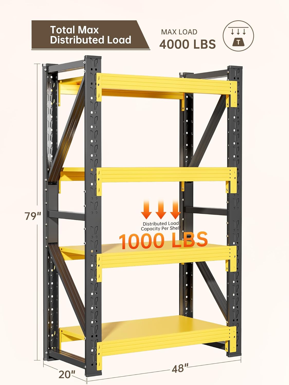 4-Tier Storage Shelves,79" H Heavy-Duty Garage Shelving Unit,Adjustable Industrial Metal Shelf System,4,000lbs Capacity,Tool Organizer for Garage,Workshop,48" W*20" D*79" H,Black&Yellow