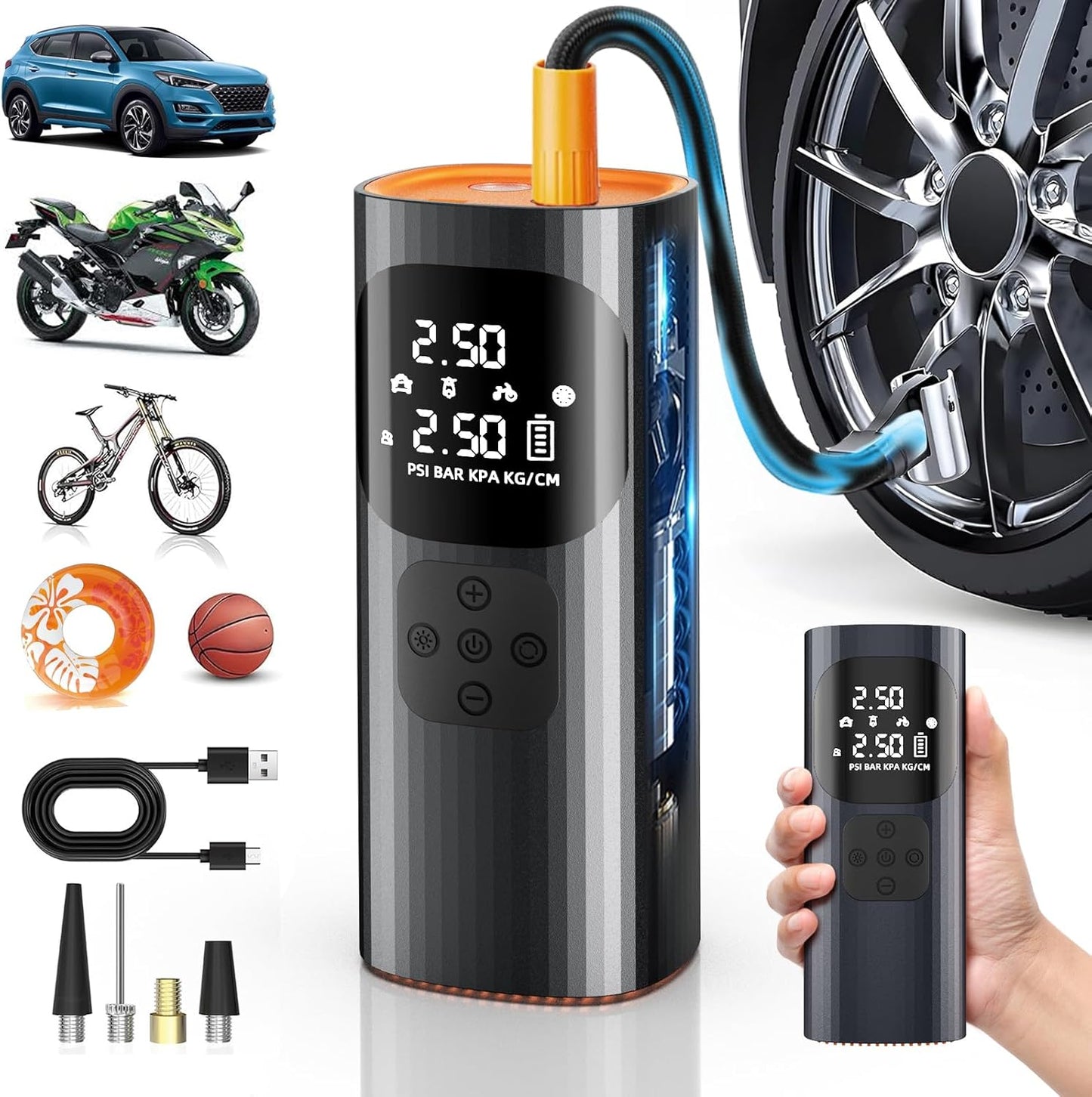 Tire Inflator Portable Air Compressor, 150PSI Cordless Air Pump for Car Tires with Auto Shut-Off Function and Real-Time Accurate Pressure Measurement, Bike Pump for Car, Motorcycle, Bike, Ball