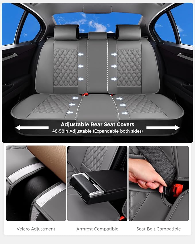 Huidasource Gray Seat Covers Full Set, Gray Seat Covers 5 Seats Waterproof Nappa Leather, Universal Fit for Most Cars,Van,Truck, SUV, Honda Civic Nissan Compass Sentra Focus Explorer(Full Set/Gray)