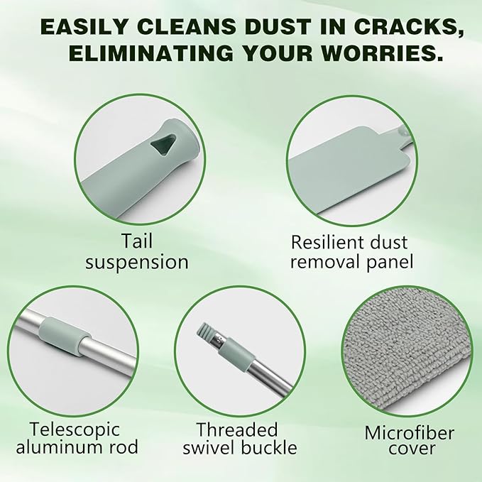 Retractable Gap Dust Cleaning Tool with 2 Microfiber Dusting Cloths,Flat Duster with Extension Pole,Extendable Microfiber Duster with Bendable & Removable Head,Reusable Washable Dusting Wand