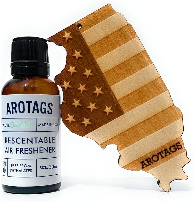 Arotags Car Air Freshener - Reusable Wood Diffuser - Hanging Odor Eliminator - Illinois Patriot - Beach Bum Scent