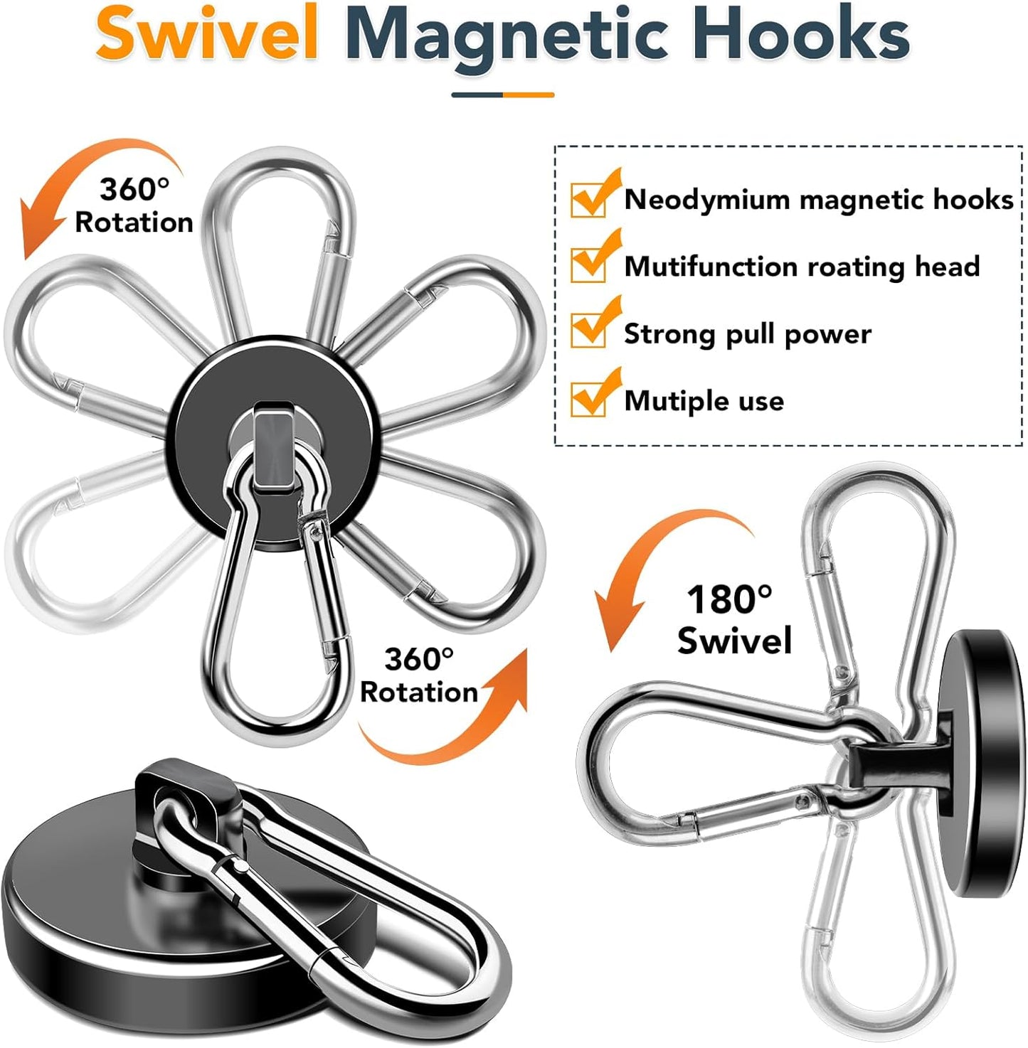 MIKEDE Magnetic Hooks, 150LB Neodymium Magnets Heavy Duty with Swivel Carabiner Hooks, Strong Rare Earth Magnetic Hook Hanger, Black Magnets with Hooks for Garage, Kitchen, Cruise Cabin - 3 Pack