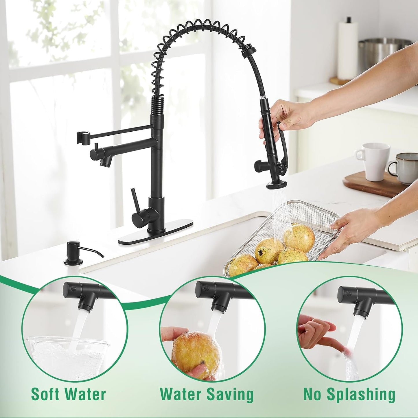 Fapully Commercial Pull Down Kitchen Sink Faucet with Sprayer Matte Black Single Handle Faucets for Kitchen Sink, Kitchen Faucet with Soap Dispenser and Deck Plack for 4 Hole