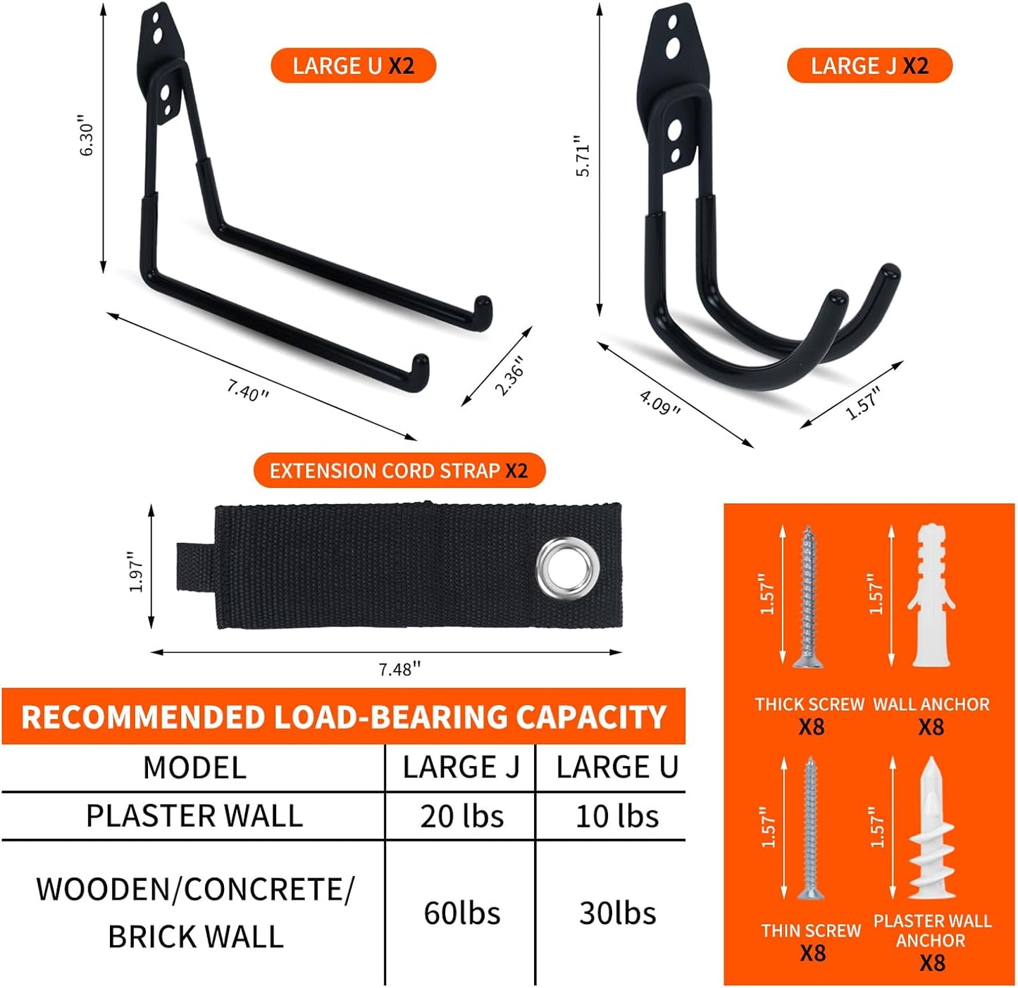 6 Pack Garage Hooks, Large Utility Wall Mount Garage Hooks Heavy Duty with Multiple Welding Spots, Garage Organization for Hanging Garden & Shed Tools, Bike, Ladder, Hose and More(Black)