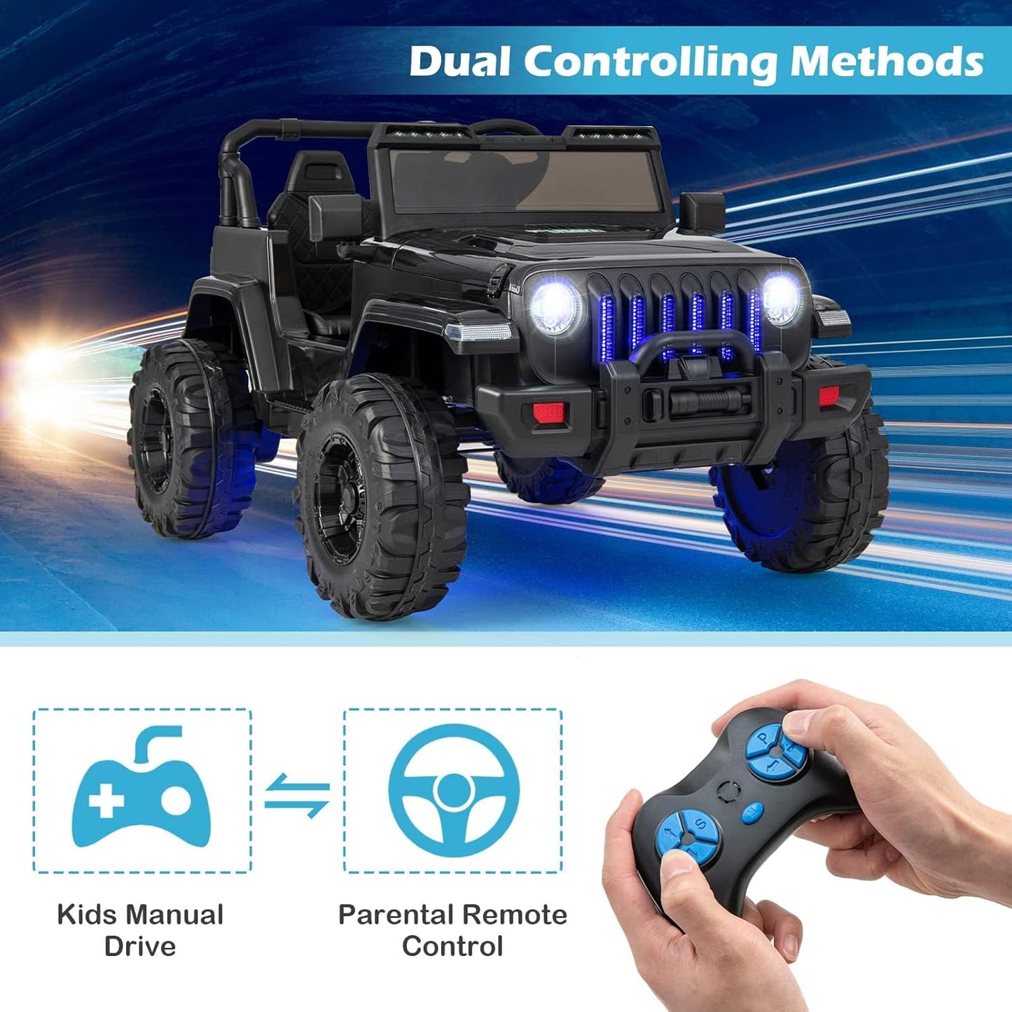 INFANS Kids Ride on Car Truck with 2.4G Remote Control, 12V Battery Powered Electric Cars for Kids w/3 Speeds, Battery Display, LED Lights, Safety Belt, Music & Horn, Bluetooth/FM/USB (Jet Black)
