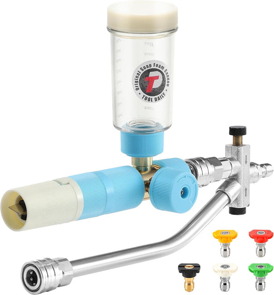 Tool Daily Foam Cannon with Dual Connector Accessory, Original Soap Cannon for Pressure Washer, 5 Power Washer Nozzle Tips, 1/4 Inch Quick Connect