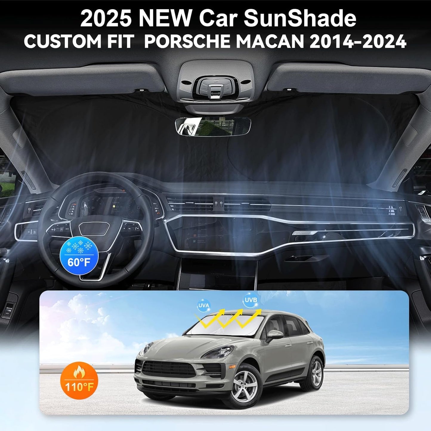 Custom Fit Macan Windshield Sunshade for 2026 2025-2014 Porsche Macan Accessories Front Window Sun Shades Shield Cover for Windshield Foldable 210T Sun Visor Protector Blocks UV Ray Keep Car Cooler