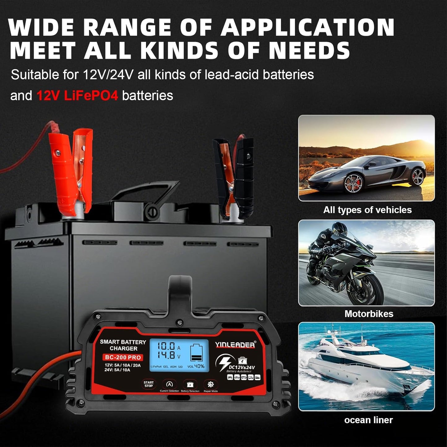 Battery Charger 20A, 12V/24V Lead Acid Smart Battery Charger, 12V LiFePO4 Car Battery Trickle Charger, Automatic Battery Maintainer for Car Motorcycle Lawn Mower Marine Boat Lead Acid Batteries