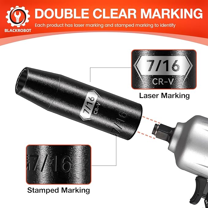 BLACKROBOT 7/16 inch 12-Point Deep Impact Socket, 1/2 Inch Drive, Metric, Cr-V Steel With Black Manganese Phosphate Coating
