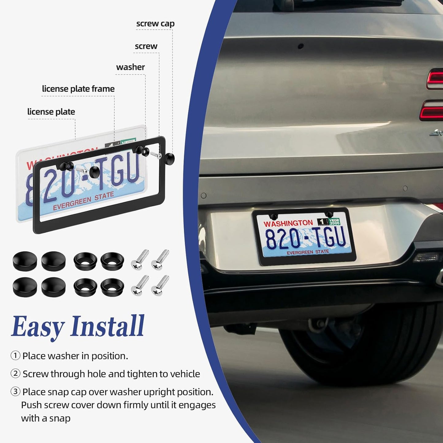 2 Pack Black License Plate Frame, Black Aluminum License Plate Cover, Matte License Plate Front and Rear 2 Packs. (2 Holes), Come with Screw Cap, Screw,Washer